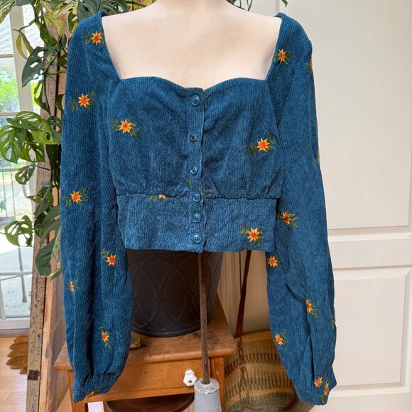 Cider Tops - NWT Cider Embroidered Teal Corduroy Crop Top L